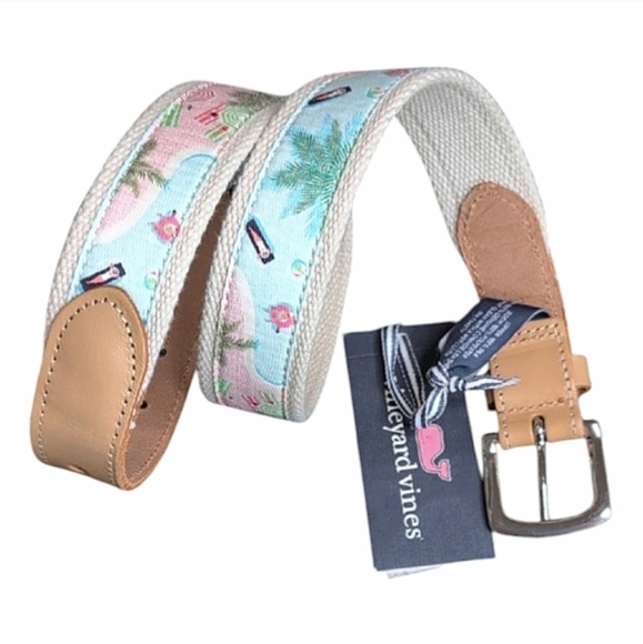 Vineyard Vines Canvas Club Belt with Summer Poolside Tropical Design Size 30 - Picture 1 of 14